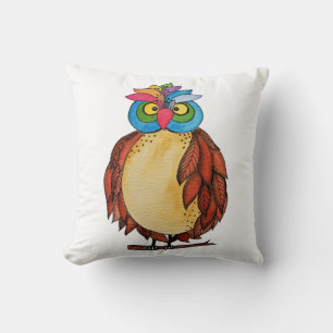Watercolor Magical Owl With Rainbow Feathers Throw Pillow