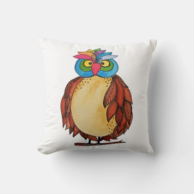 Watercolor Magical Owl With Rainbow Feathers Throw Pillow (Front)