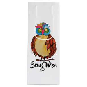 Watercolor Magical Owl With Rainbow Feathers Wine Gift Bag