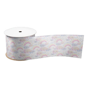 Watercolor Magical Rainbows and Clouds Glitter Satin Ribbon
