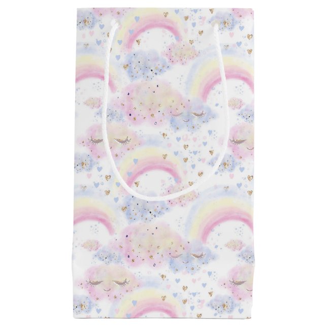 Watercolor Magical Rainbows and Clouds Glitter Small Gift Bag (Front)
