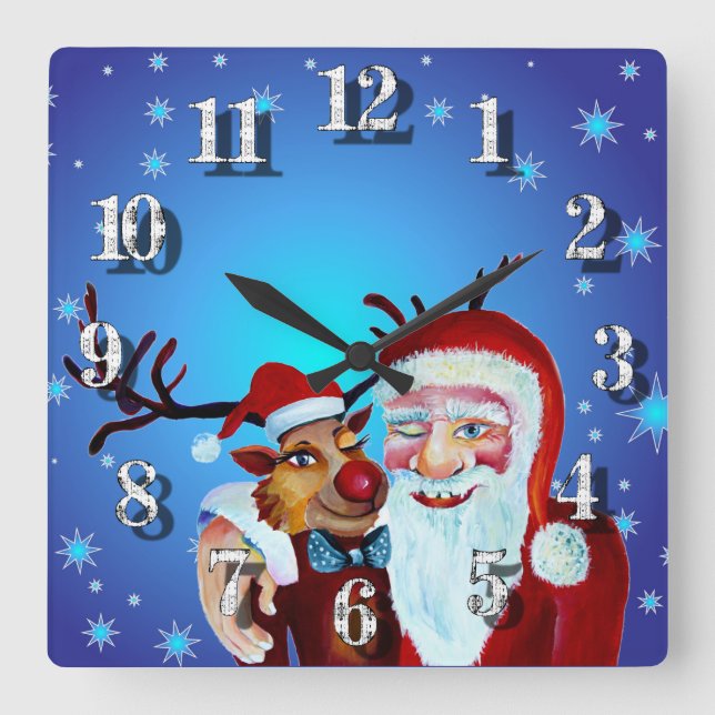 Watercolor Magical Santa Claus Smiling Rudolph Square Wall Clock (Front)