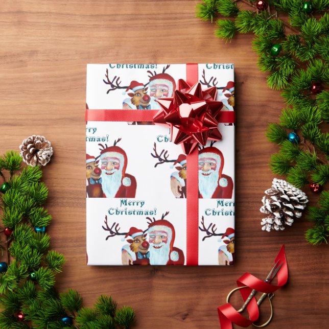 Watercolor Magical Santa Claus Smiling Rudolph Wrapping Paper (Holiday Gift)