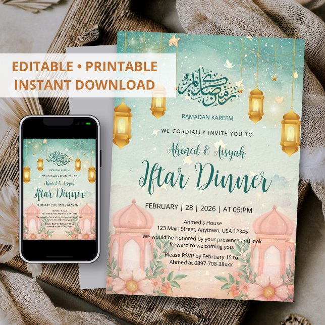 Watercolor Magical Teal and Peach Iftar Invitation (Creator Uploaded)