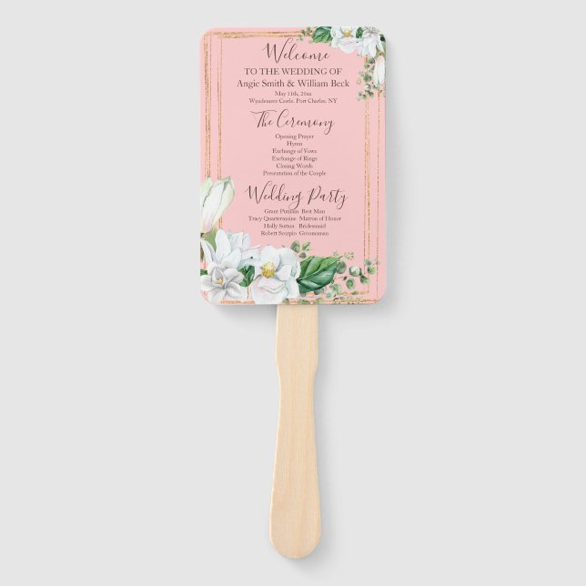 Watercolor Magnolia Blush Wedding Program Hand Fan (Front)