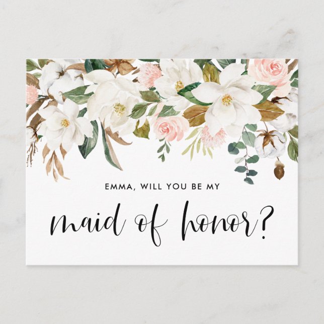 Watercolor Magnolia Cotton Garland Maid of Honour Postcard (Front)