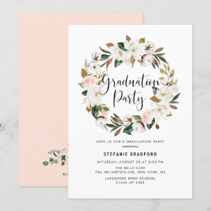 Watercolor Magnolia Cotton Wreath Graduation Party Invitation