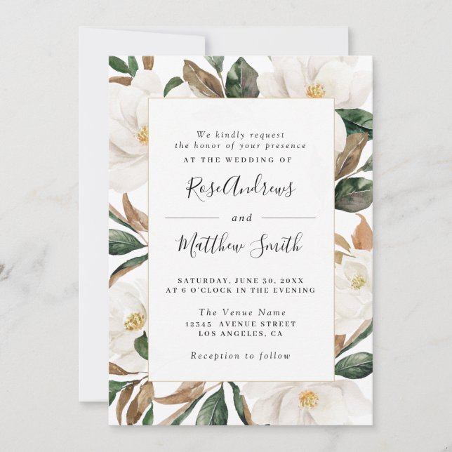 Watercolor magnolia floral wedding invitation (Front)