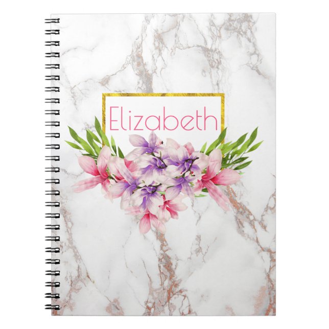 Watercolor Magnolia Florals on White Marble Notebook (Front)