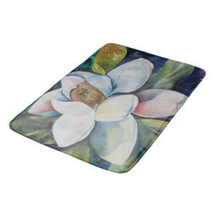 Watercolor Magnolia Flower and Leaves Bath Mat