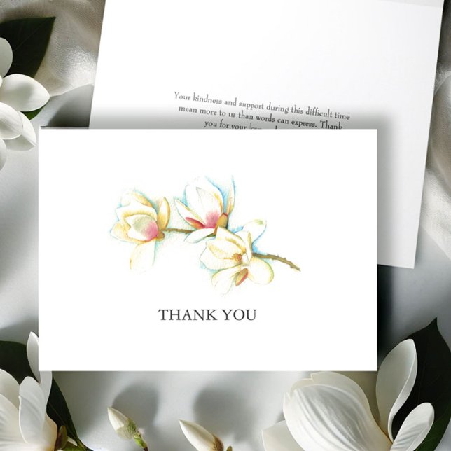 Watercolor Magnolia Flower Funeral Thank You Card (Funeral thank you cards watercolor white magnolia flower art by Victoria Grigaliunas Do Tell A Belle)