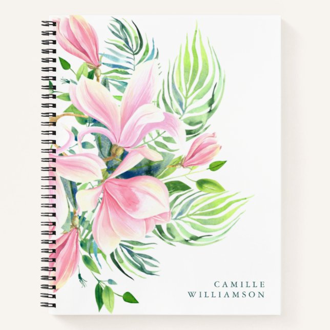 Watercolor Magnolia Flower in Pink Personalized  Notebook (Front)