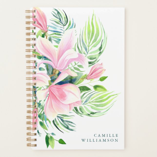 Watercolor Magnolia Flower in Pink Personalized Planner (Front)