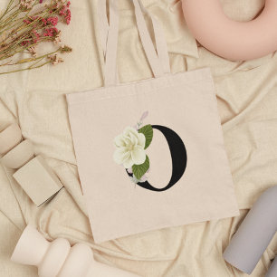 Watercolor Magnolia Flower Monogram Initial Tote Bag