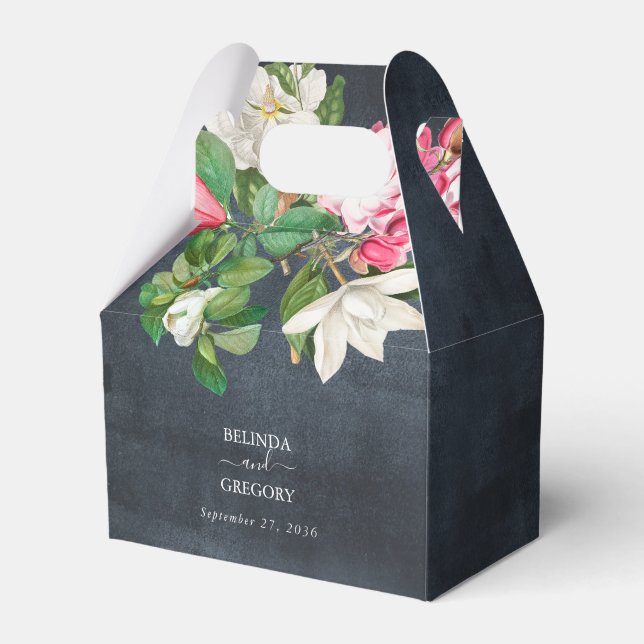 Watercolor Magnolia Flowers Wedding Black White Favor Box (Front Side)
