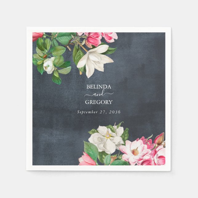 Watercolor Magnolia Flowers Wedding Black White Napkin (Front)