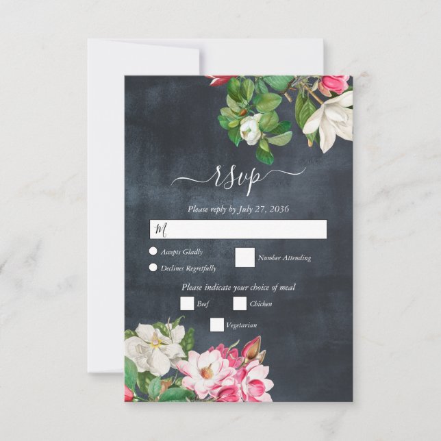 Watercolor Magnolia Flowers Wedding Black White RSVP Card (Front)