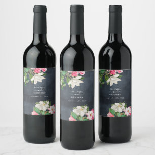 Watercolor Magnolia Flowers Wedding Black White Wine Label
