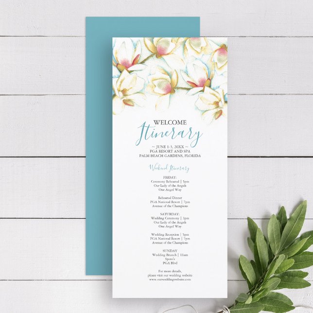 Watercolor Magnolia Flowers Wedding Itinerary (Creator Uploaded)