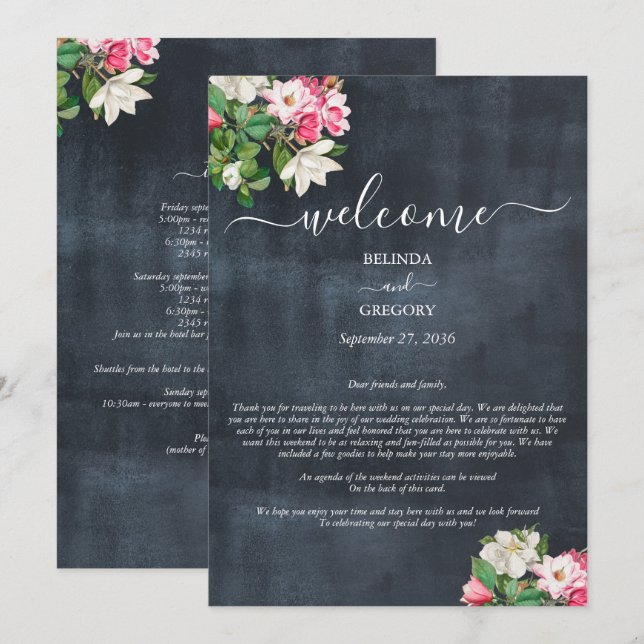 Watercolor Magnolia Flowers Wedding Itinerary Program (Front/Back)