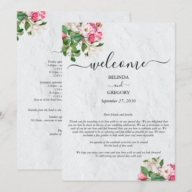 Watercolor Magnolia Flowers Wedding Itinerary  Program (Front/Back)