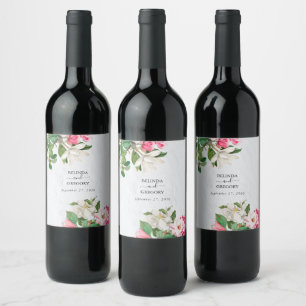 Watercolor Magnolia Flowers Wedding Wine Label