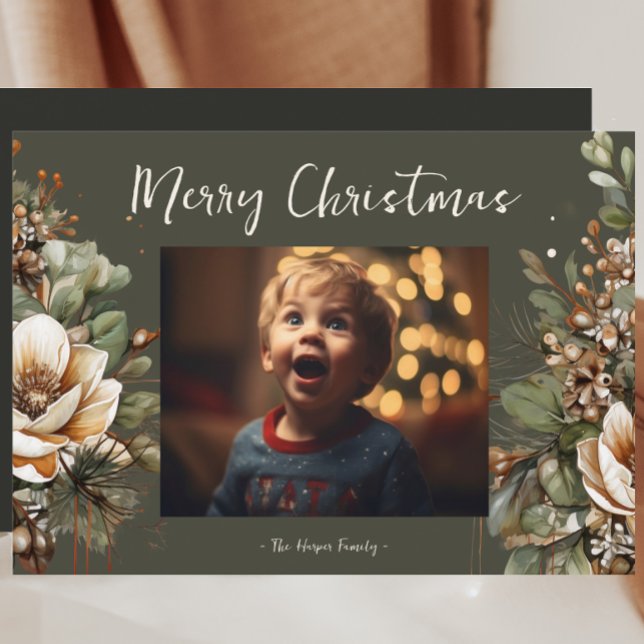 Watercolor Magnolia Garland Botanical Holiday Card (Creator Uploaded)