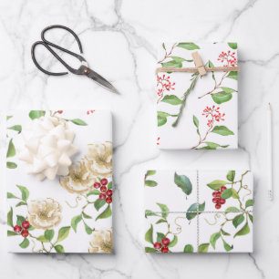 Watercolor Magnolia, Red Berries and Foliage Wrapping Paper Sheet