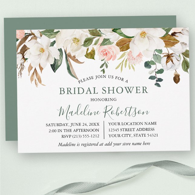 Watercolor Magnolia Roses Sage Green Bridal Shower Invitation (Customize to change text color, text style or color of back of card.)