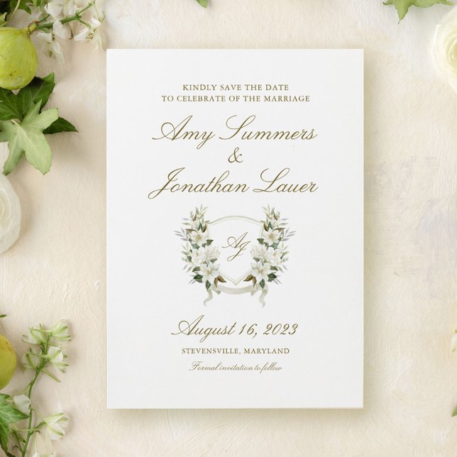 Watercolor Magnolia Wedding Crest Save the Date (Creator Uploaded)