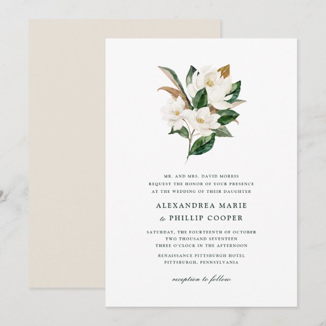 Watercolor Magnolia Wedding Invitation (Front/Back)