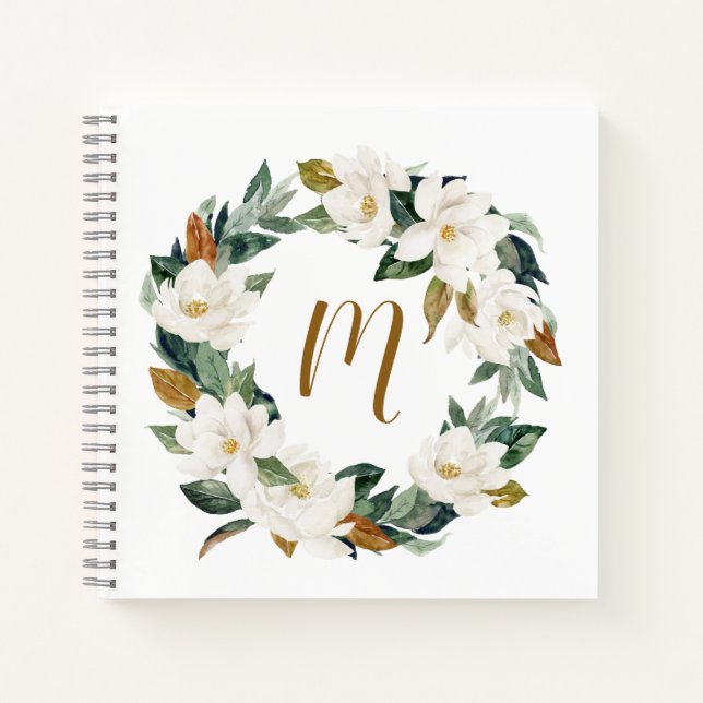 Watercolor Magnolia Wreath Monogram Notebook (Front)