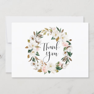 Watercolor Magnolias and Cotton Wreath Wedding Thank You Card