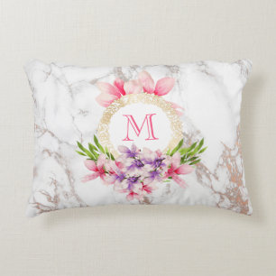 Watercolor Magnolias, Faux Marble Texture Monogram Decorative Pillow