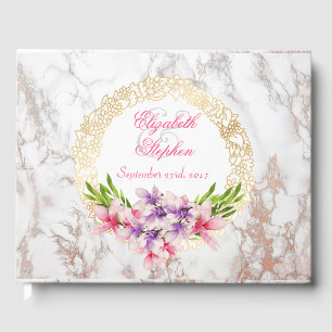 Watercolor Magnolias, Faux Marble Texture Wedding Guest Book