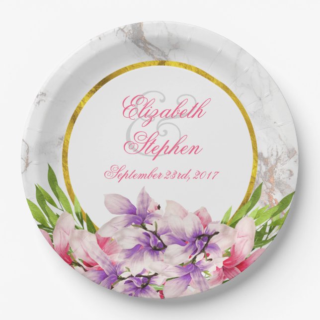 Watercolor Magnolias, Faux Marble Texture Wedding Paper Plate (Front)