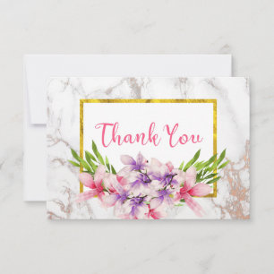 Watercolor Magnolias, Faux Marble Thank You Card