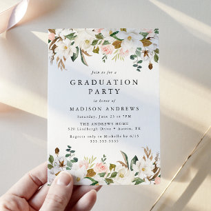 Watercolor Magnolias Floral Graduation Party Invitation