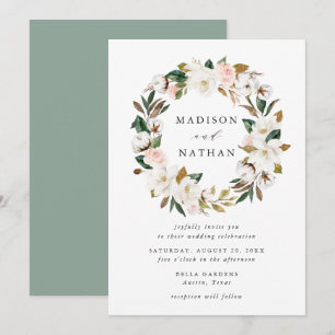 Watercolor Magnolias   Floral Wreath Wedding Invitation