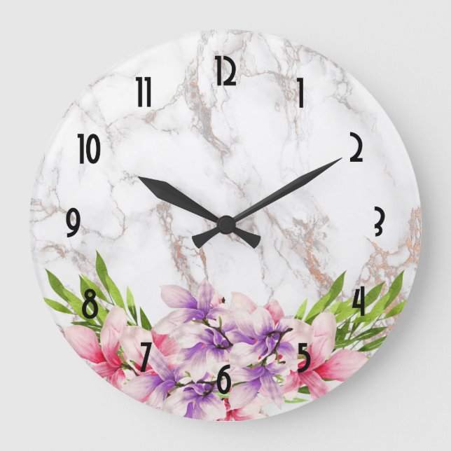 Watercolor Magnolias on Faux Marble Texture Large Clock (Front)