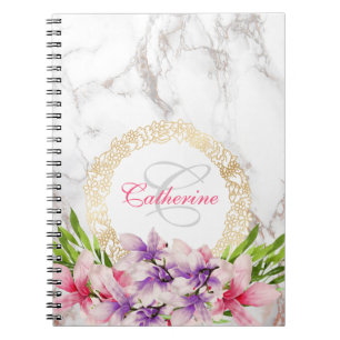 Watercolor Magnolias on Faux Marble Texture Notebook