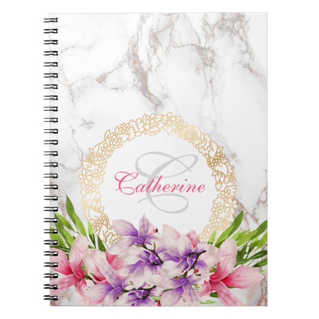 Watercolor Magnolias on Faux Marble Texture Notebook (Front)
