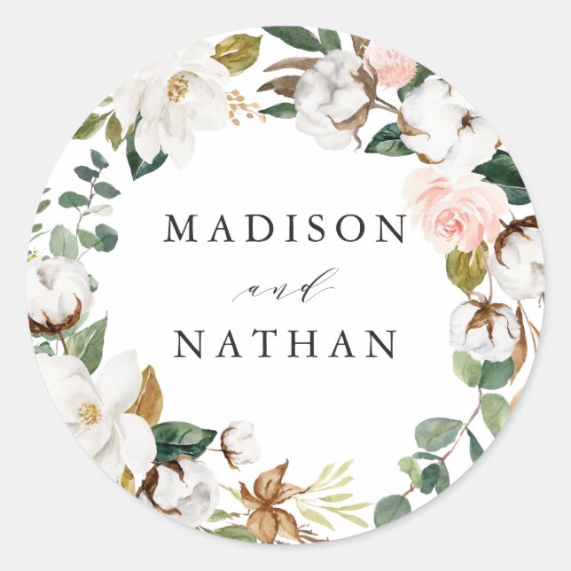 Watercolor Magnolias | Personalized Wedding Classic Round Sticker (Front)