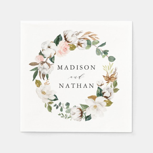 Watercolor Magnolias | Personalized Wedding Napkin (Front)