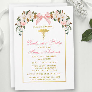 Watercolor Magnolias Pink Bow Medical Grad Party Invitation