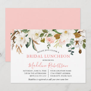 Watercolor Magnolias Pink Roses Bridal Luncheon Invitation
