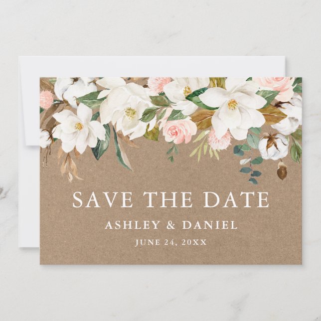 Watercolor Magnolias Pink Roses Kraft Save The Date (Front)