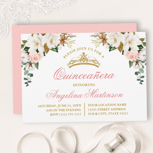 Watercolor Magnolias Pink Roses Quinceanera Invitation (Customize to change text color, size, style or to change color of back of card.)
