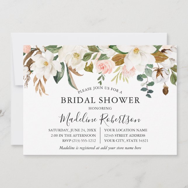 Watercolor Magnolias Roses Bridal Shower Invitation (Front)