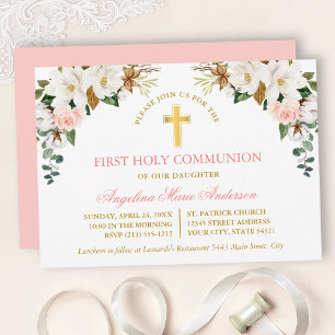 Watercolor Magnolias Roses Gold Communion Invitation